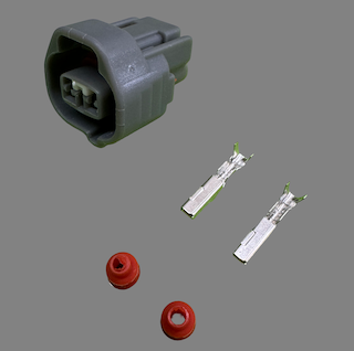 2 pin Denso style right guide connector suits Toyota transmission speed sensors, air valves, Subaru VVT solenoids and Lexus rear indicator sockets